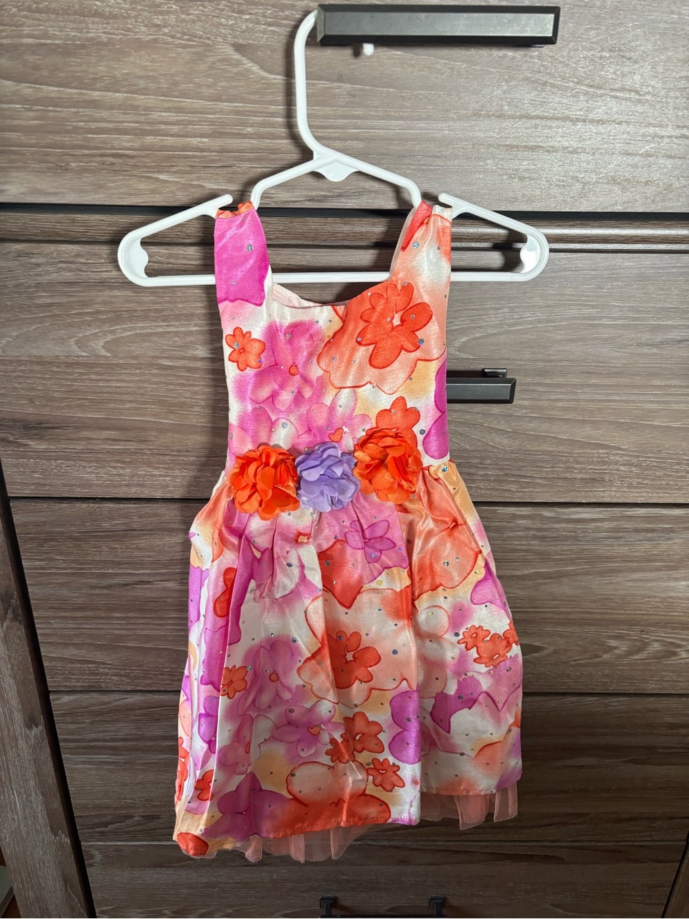 Young lads Girls Orange & Pink Floral Party Dress with Decorative Flowers 3T